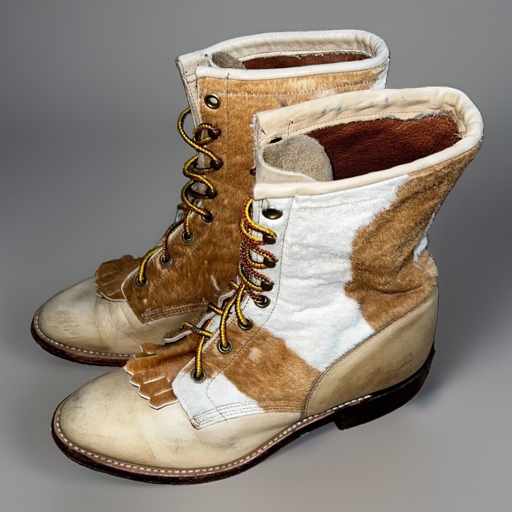 Larry Mahan Cowhide Granny Boots Kiltie Cowgirls Beige Western Leather Boots 6.5
